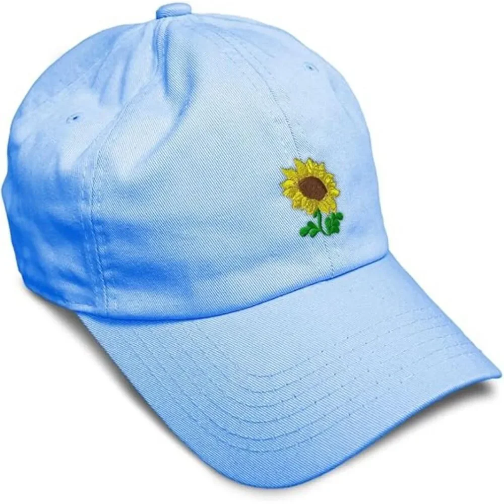 Unisex Light Blue Design Only 100% Cotton Sunflower Embroidery Adjustable Cap